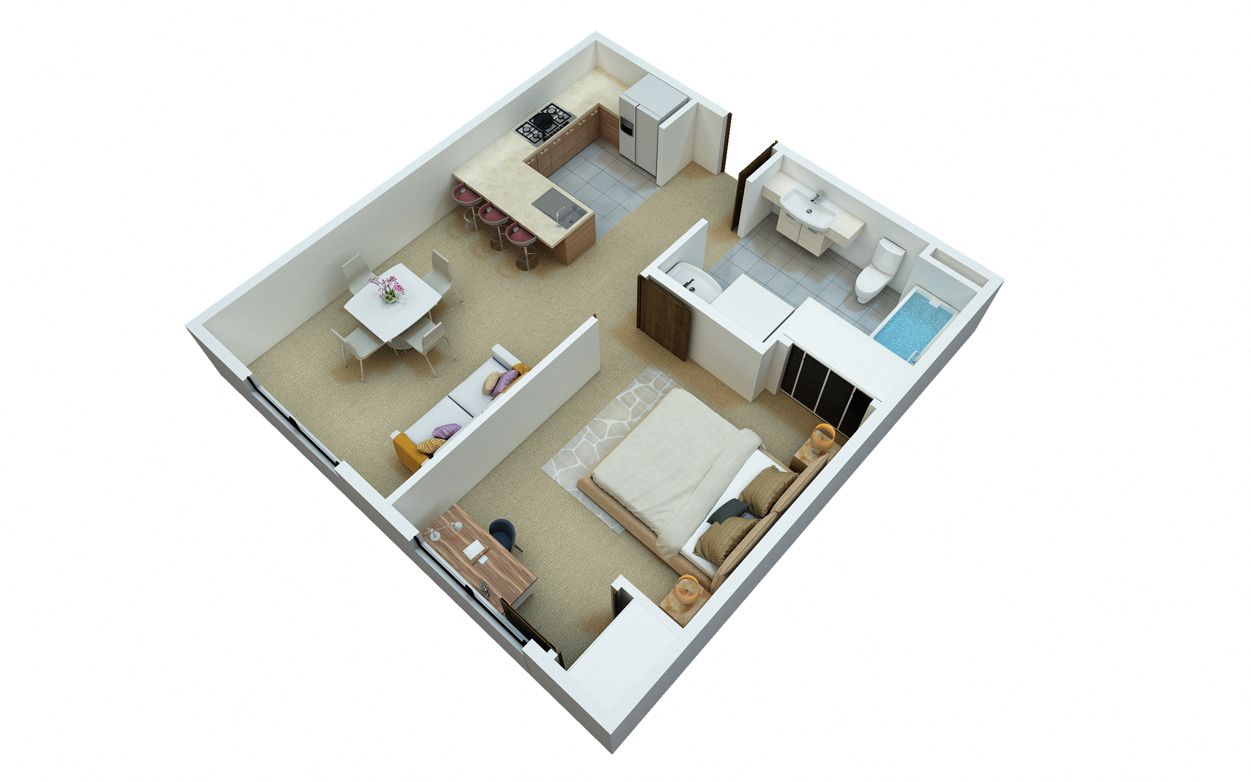 Floor plan for 1 bed, 1 bath, 713 sqft
